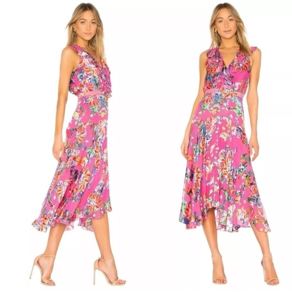SALONI Rita Floral Silk Midi Dress in Pink Begonia Sz XS - Picture 2 of 6